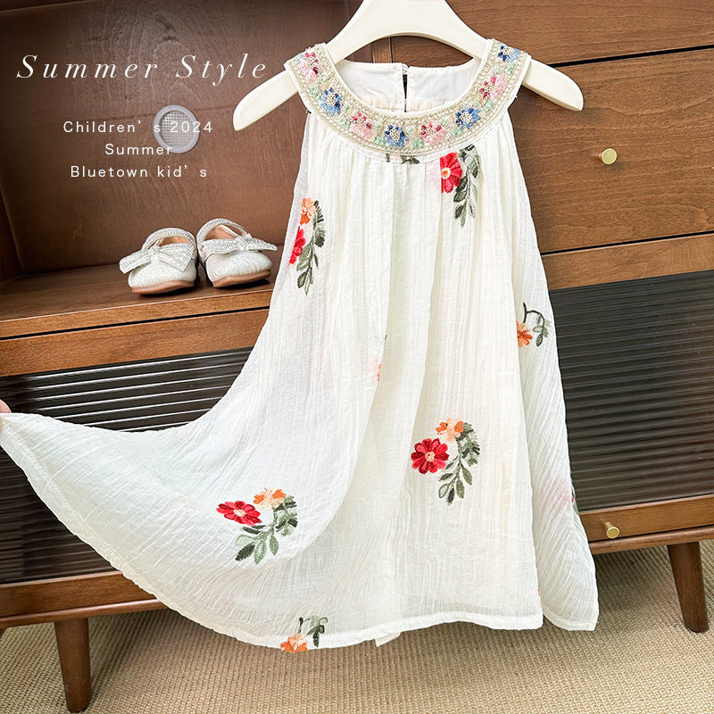 summer girls' embroidered round neck sleeveless a-line ethnic style tank dress - clearance sale (limited sizes available)