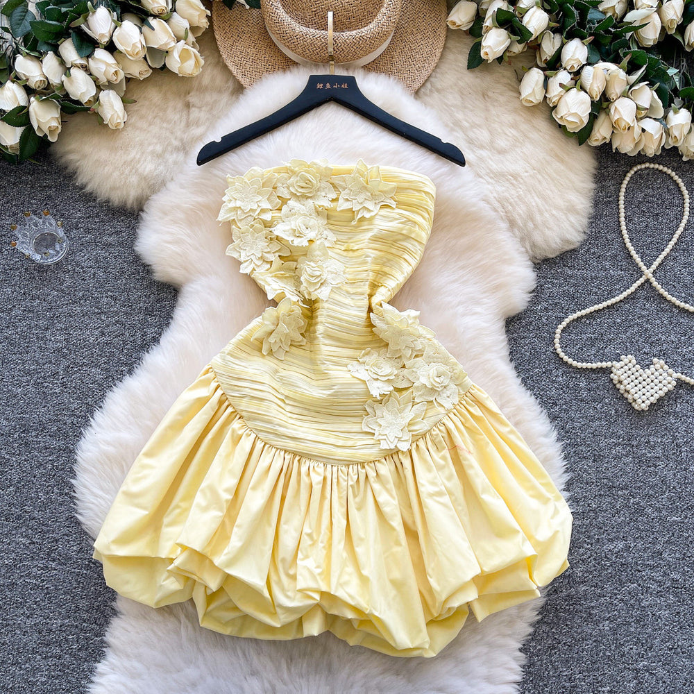 French heavy industrystereo flower dress seaside vacation style one shoulder tube top dress ruffles skirt