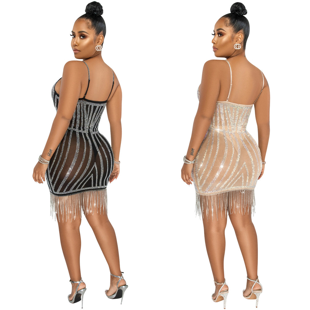 X5633   fashion new product hot diamond sexy suspender sleeveless chest wrap short skirt flowing beard dress