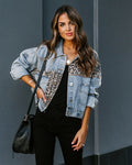 Fashion cross-border independent station  new leopard print fashion printing stitching ripped denim topscasualoutwear