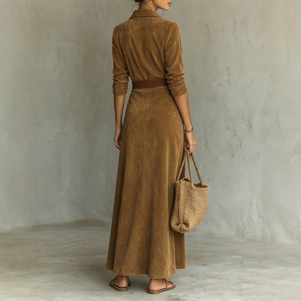 Retro corduroy shirtdress lapel long sleevesv neck wrap formula buckle belt waist women's dress
