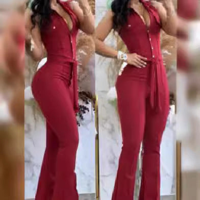 european and american export women's elegant v-neck button pocket high-waisted tie-waist solid color slim-fit jumpsuit