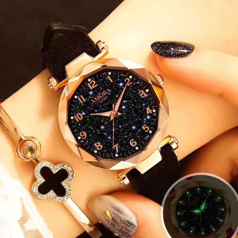 New wholesale women's watches, fashionable and trendy digital face ladies' student starry sky dial quartz wristwatch with leather strap