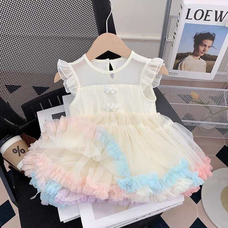 summer girls' dress: new trendy and chic mesh dress for kids, baby girl's puff sleeve princess dress