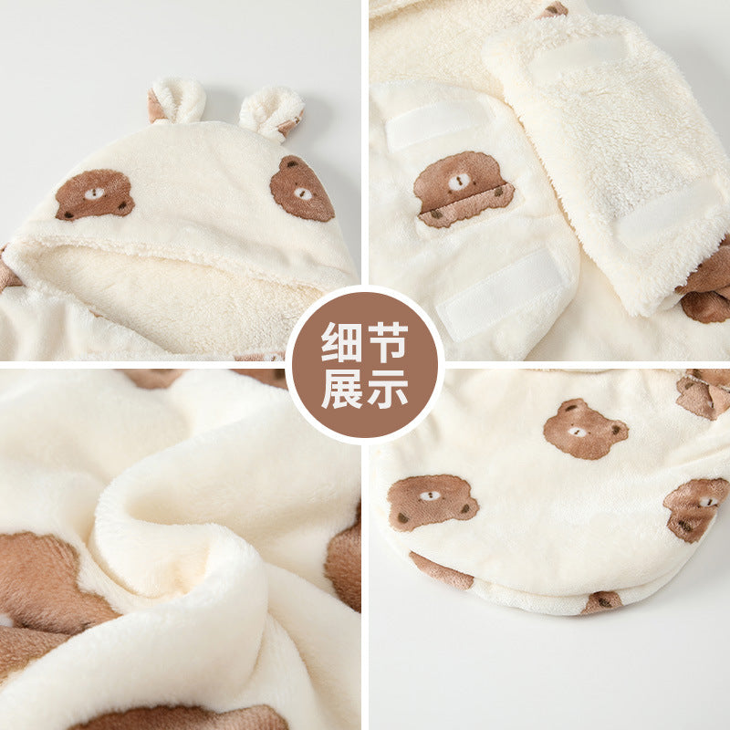 Newborn baby autumn/winter fleece-lined thickened anti-kick sleeping bag, newborn baby anti-startle swaddle, outdoor blanket, autumn season