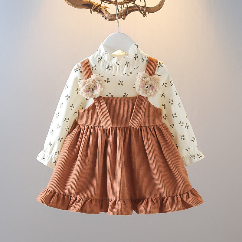 Girls' spring/autumn outfit set,  new korean style, kids' corduroy suspender skirt with matching top, faux two-piece set for little girls