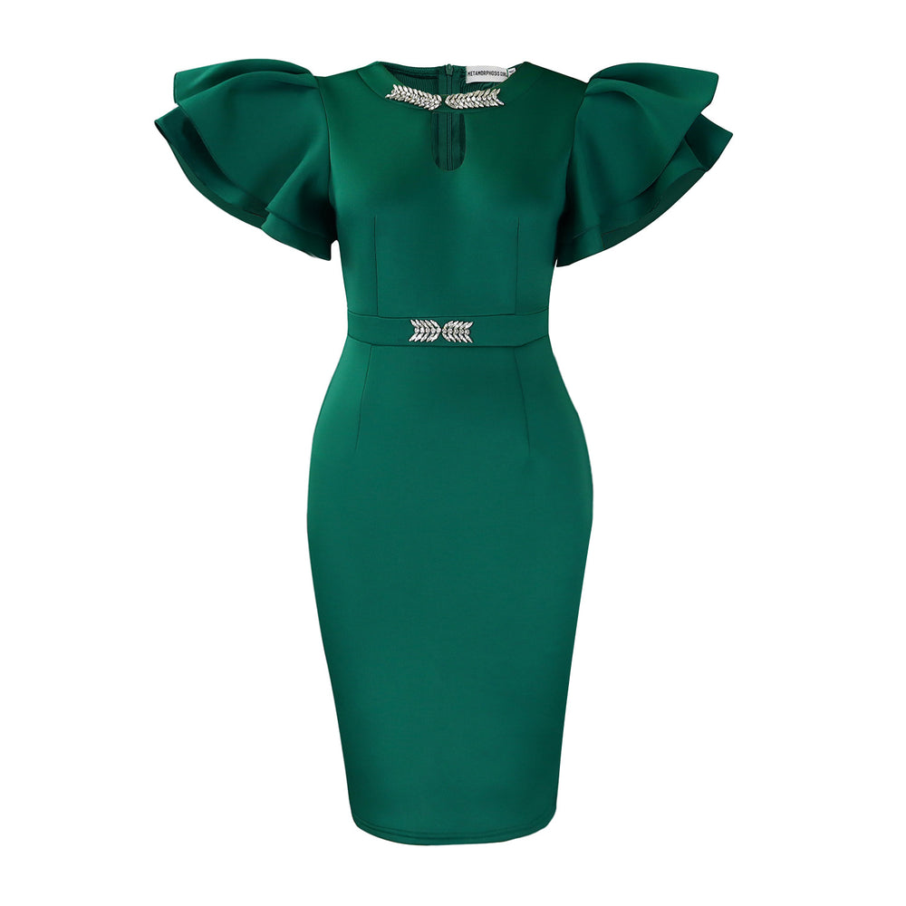 D580 european and american cross-border summer round neck lotus leaf sleeve studded hip-hugging dress party banquet cut out foreign trade dress