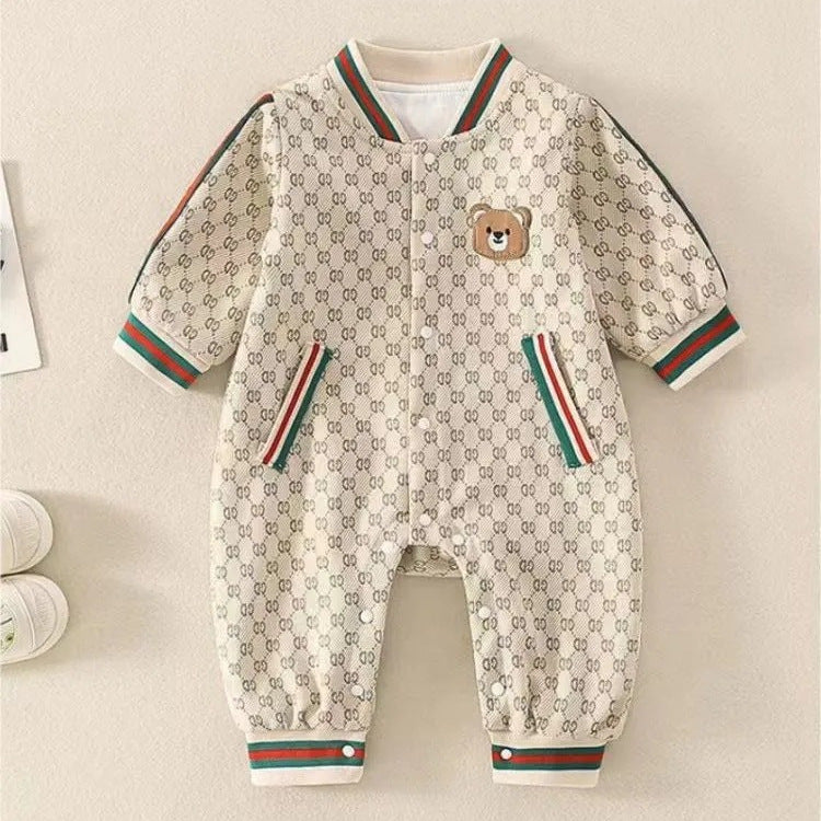 Baby spring autumfashion one-piece hoodie trendy grids male and female baby one-piece double-layer bear style outwear hoodie