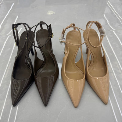 Spanish women's shoes 2025 summer new arrivals: nude stiletto sandals with patent leather effect, pointed toe, open back, and high heels