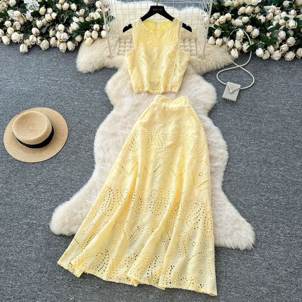 French retro hollow-out crochet design set for women: sleeveless tank top + high-waisted elastic waist flared midi skirt