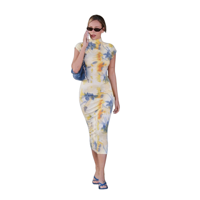 Europe, America 2025 spring and summer new women's clothing temperament elegant semi-turtleneck short-sleeved flower contrasting color printing tight dress