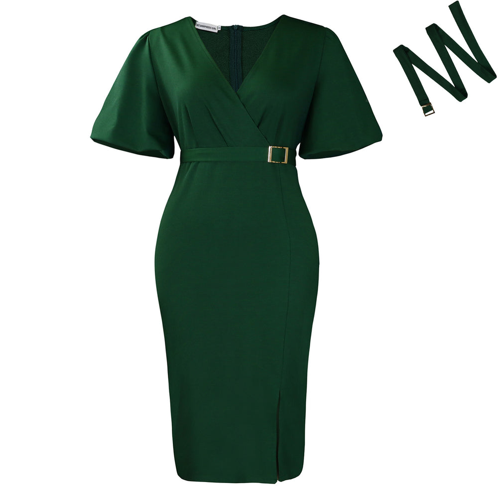 D3331export women's clothing new arrivalfashionv neck puff sleeves pure color waist slit hip-covering african dress