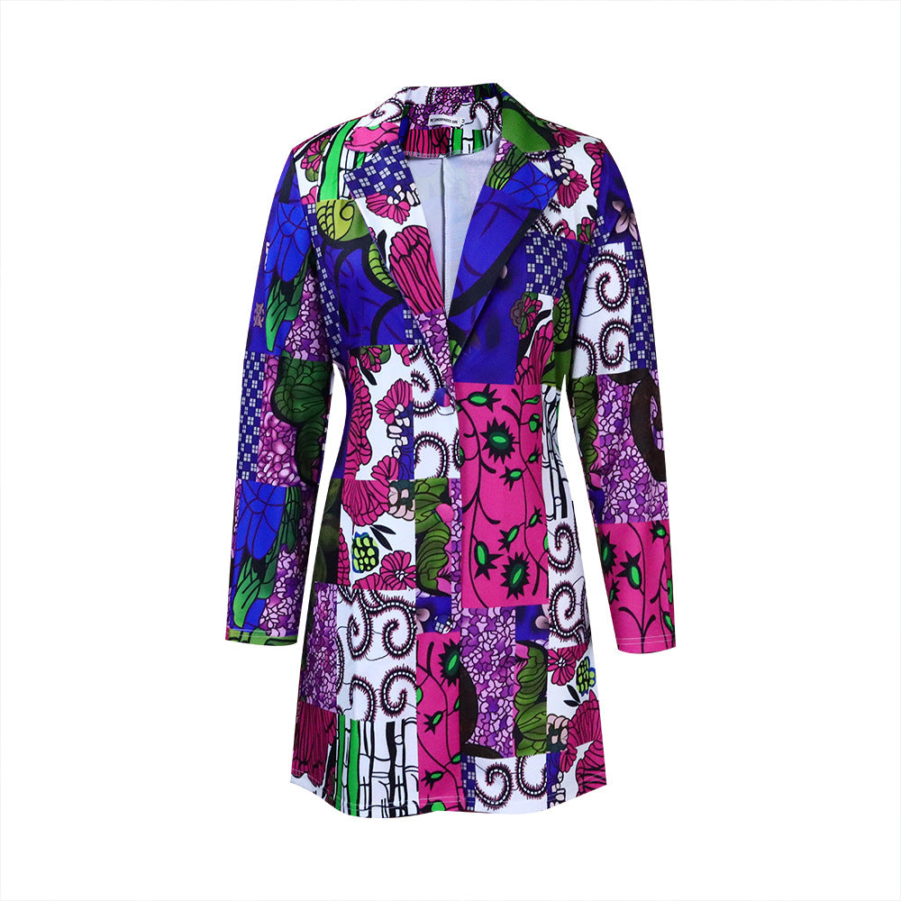 D170  temperament commuter ethnic style suit collar printing long sleeves foreign trade large size european and american cross-border dress