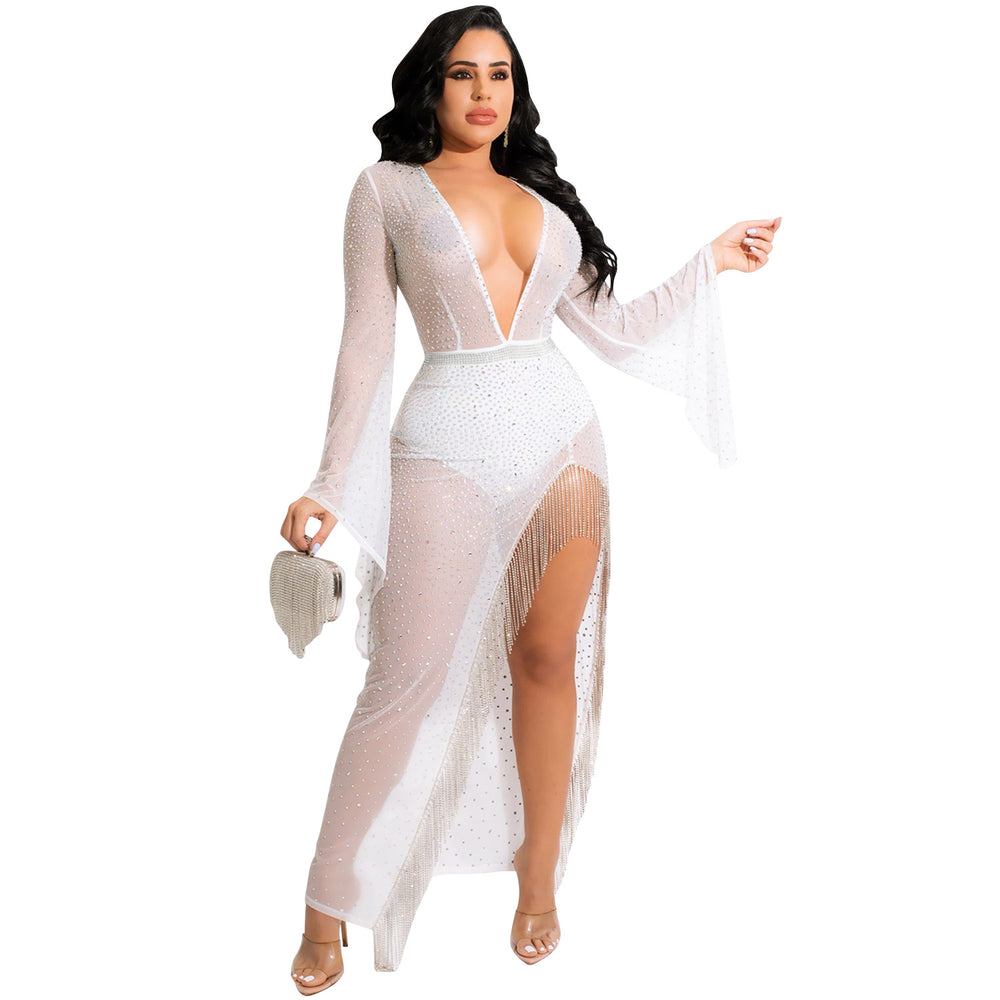 X5597  fashion sexy nightclub hot diamond deep v wide sleeves irregular slit flowing beard long skirt dress for women