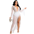 X5597  fashion sexy nightclub hot diamond deep v wide sleeves irregular slit flowing beard long skirt dress for women