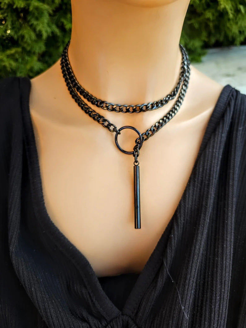 Amazon wide light luxury style y-ring slider chain stainless steel necklace handmade punk cuban chain necklace