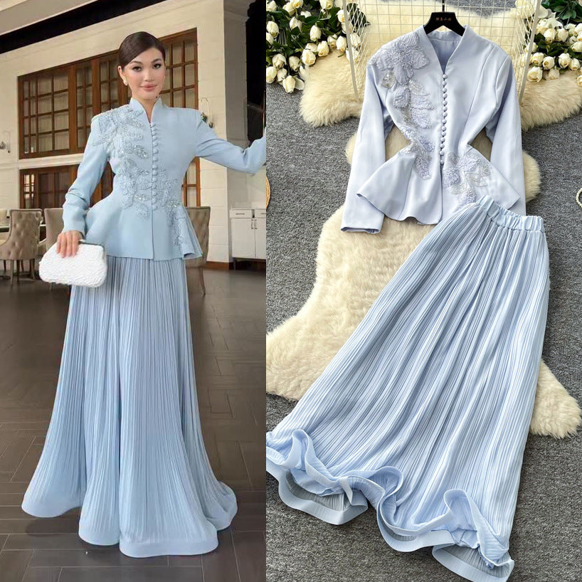 French chic v-neck embroidered jacket & high-waisted pleated skirt set - autumn collection, exquisite craftsmanship, effortless elegance