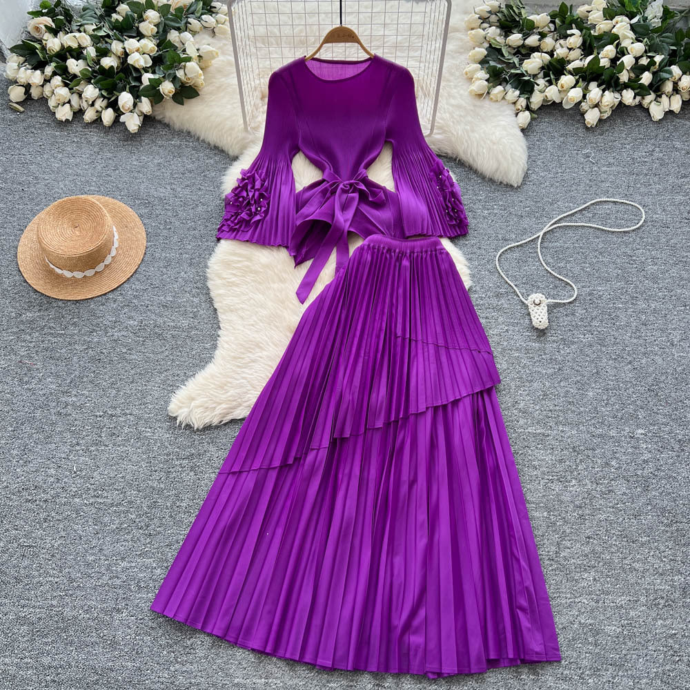 Fashionsense of design strappy waist flared sleeves asymmetrical pleated topshigh waistslimming look large swing skirt suit