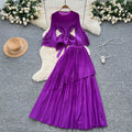 Fashionsense of design strappy waist flared sleeves asymmetrical pleated topshigh waistslimming look large swing skirt suit