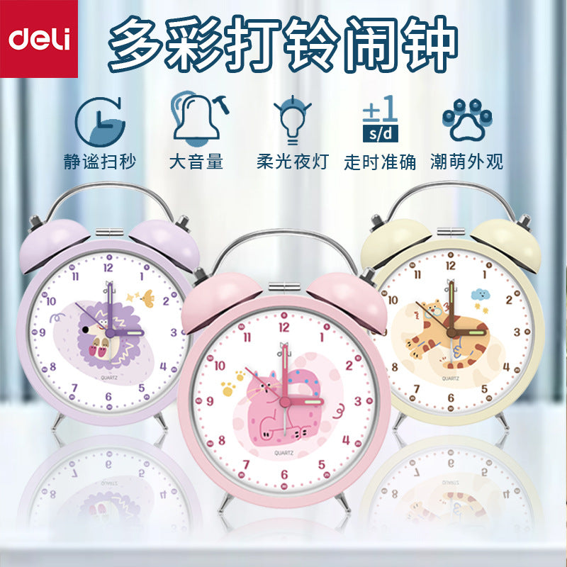 Deli 8836 Pointer Bell Alarm Clock Student Silent Luminous Lighting Tapping Alarm Clock Moe Moe Appearance Alarm Clock