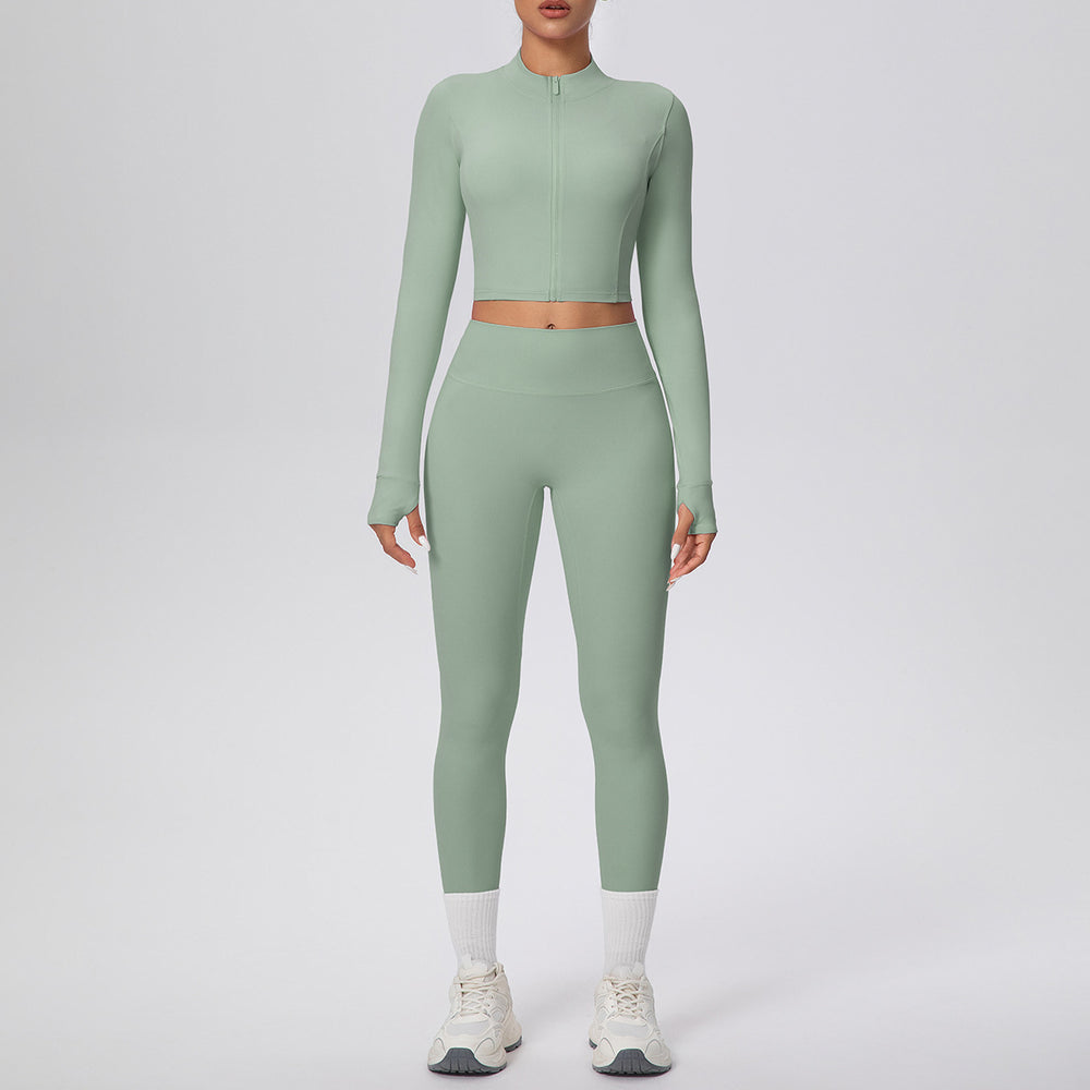 Ready-to-ship cross-border solid color double-sided brushed naked feel cropped jacket set - tight-fitting running, fitness, and yoga two-piece outfit