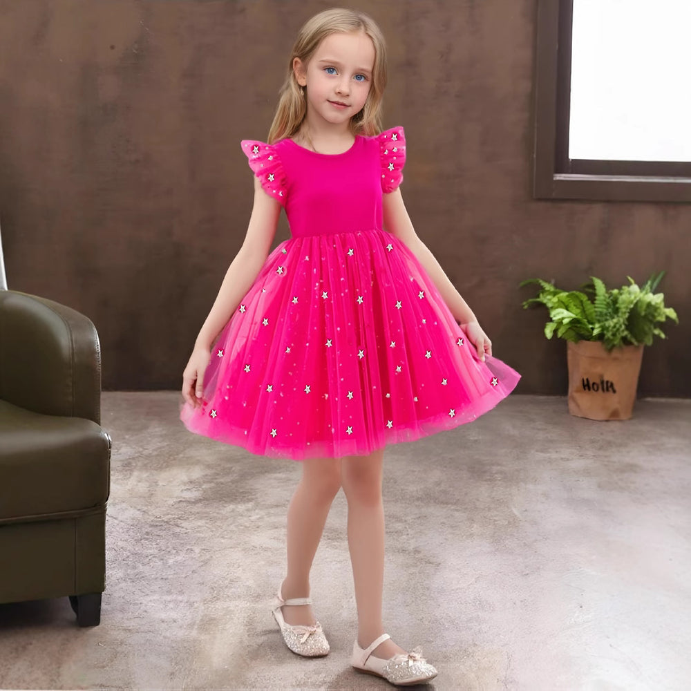 girls' summer mesh dress - pink round neck flutter sleeve star print tutu - cute kids' princess dress