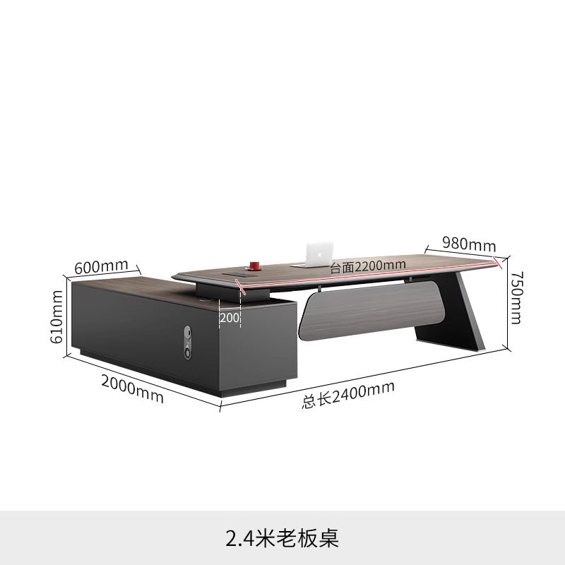 High-end, minimalist, and modern office desk and chair set. executive desk, manager's desk, lacquered finish, understated luxury, suitable for executive offices and boardrooms