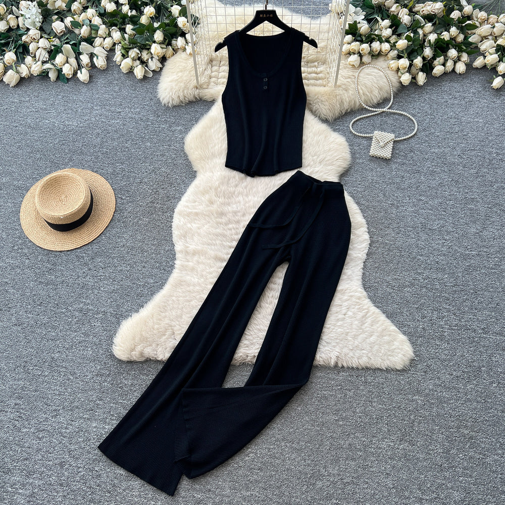 Light mature style v neck sleeveless vest high waistloose pants women's summercasualknittingtwo-piece setelegantwork clothingsuit