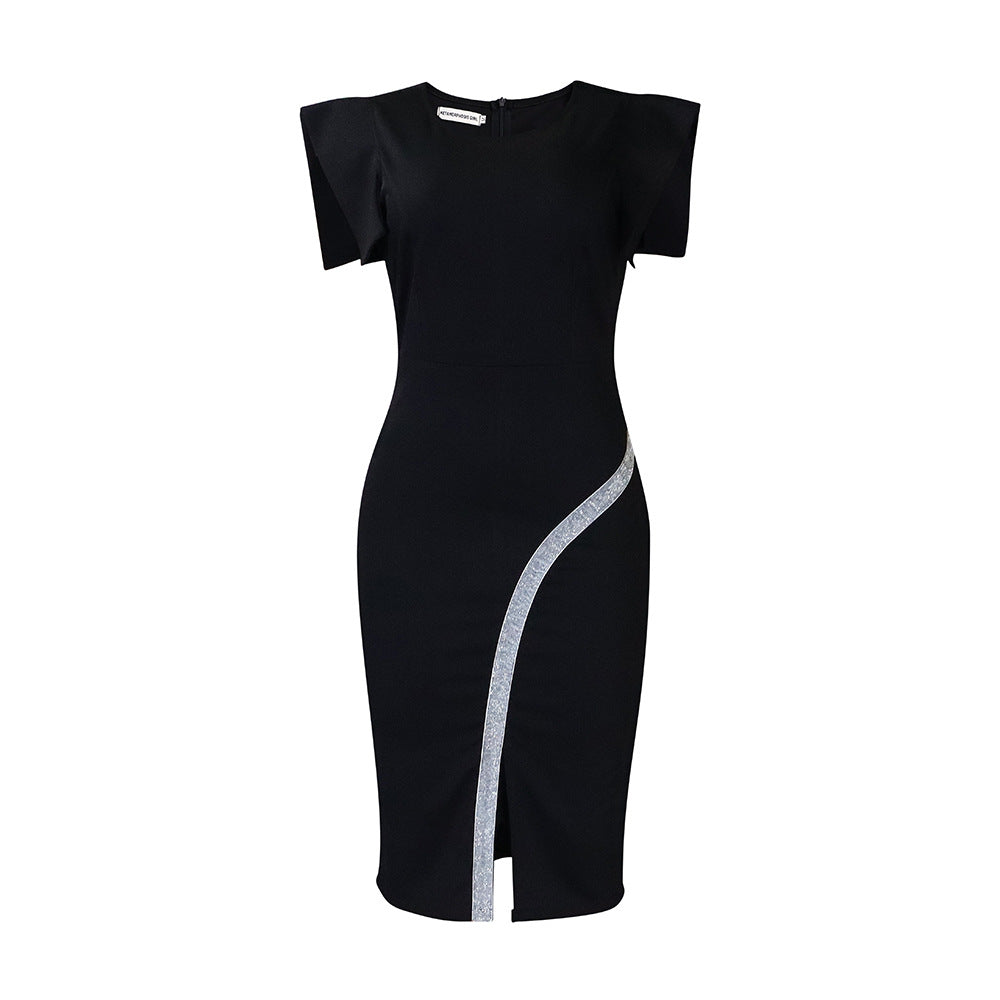D380 cross-border women's clothing  summer new short-sleeved hip-covering tight-fitting elegant slit bright edge foreign trade dress
