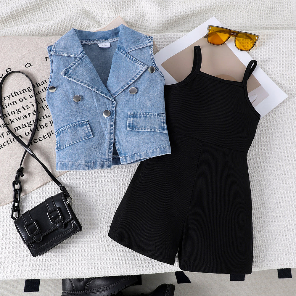 Children's clothing  cross-border european and american girls denim vest + suspender jumpsuit summer