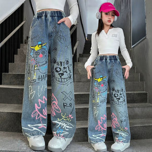 girls' spring/autumn denim pants: new styles for mid-to-large children, loose-fit casual straight-leg trousers, stylish and versatile wide-leg pants for kids