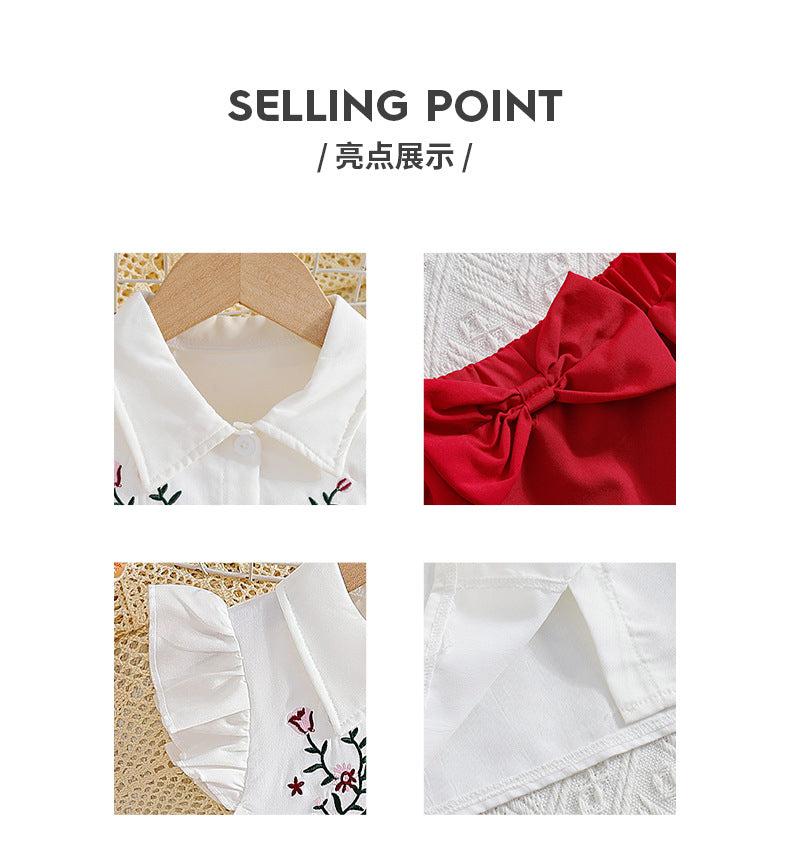 Girls' summer outfit set: printed top with peter pan collar and flutter sleeves, red tiered skirt - two-piece set for kids