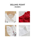 Girls' summer outfit set: printed top with peter pan collar and flutter sleeves, red tiered skirt - two-piece set for kids