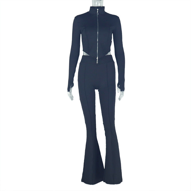 Fashion cross-border women's clothing silm pleated zipper pure color navel-baring pants suitlong sleeves stand collar loosepantstwo-piece set