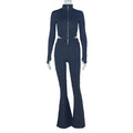 Fashion cross-border women's clothing silm pleated zipper pure color navel-baring pants suitlong sleeves stand collar loosepantstwo-piece set