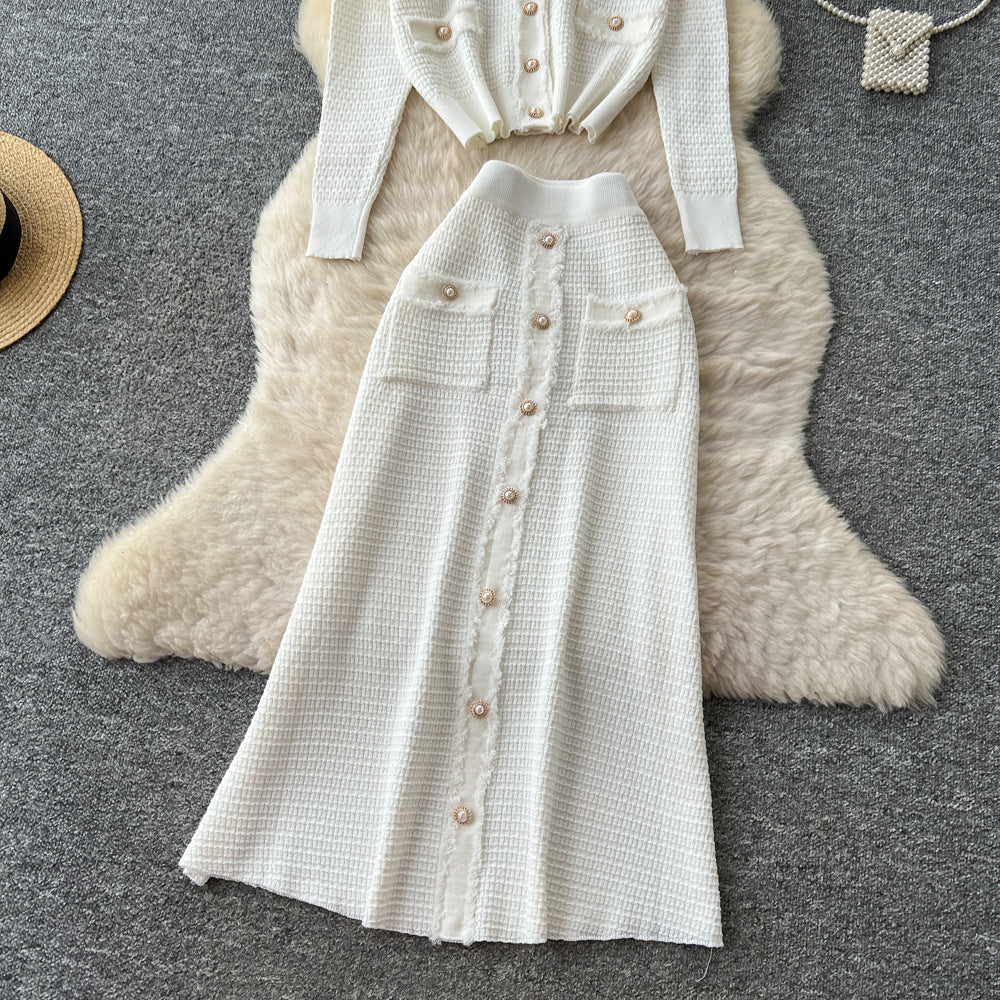 Xiaoxiangfengclassyfashionv neck metal button knittingcardigantops women's high waistslimming look skirt two-piece set