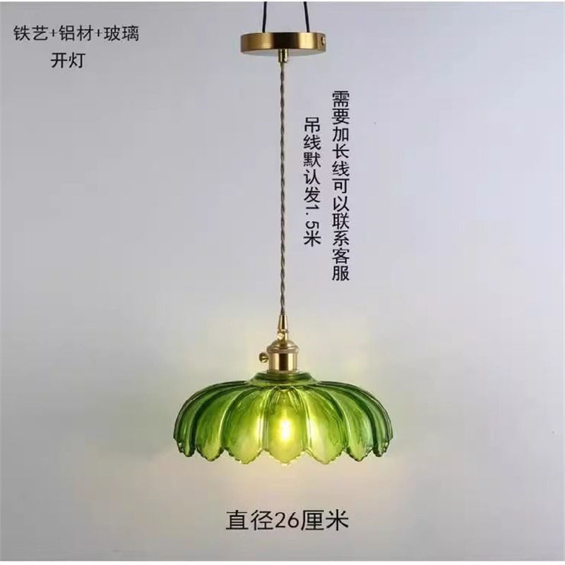 Green glass pendant light - vintage, nostalgic, rustic art style - old shanghai/mao era brass lamp holder - restaurant/cafe ceiling fixture
