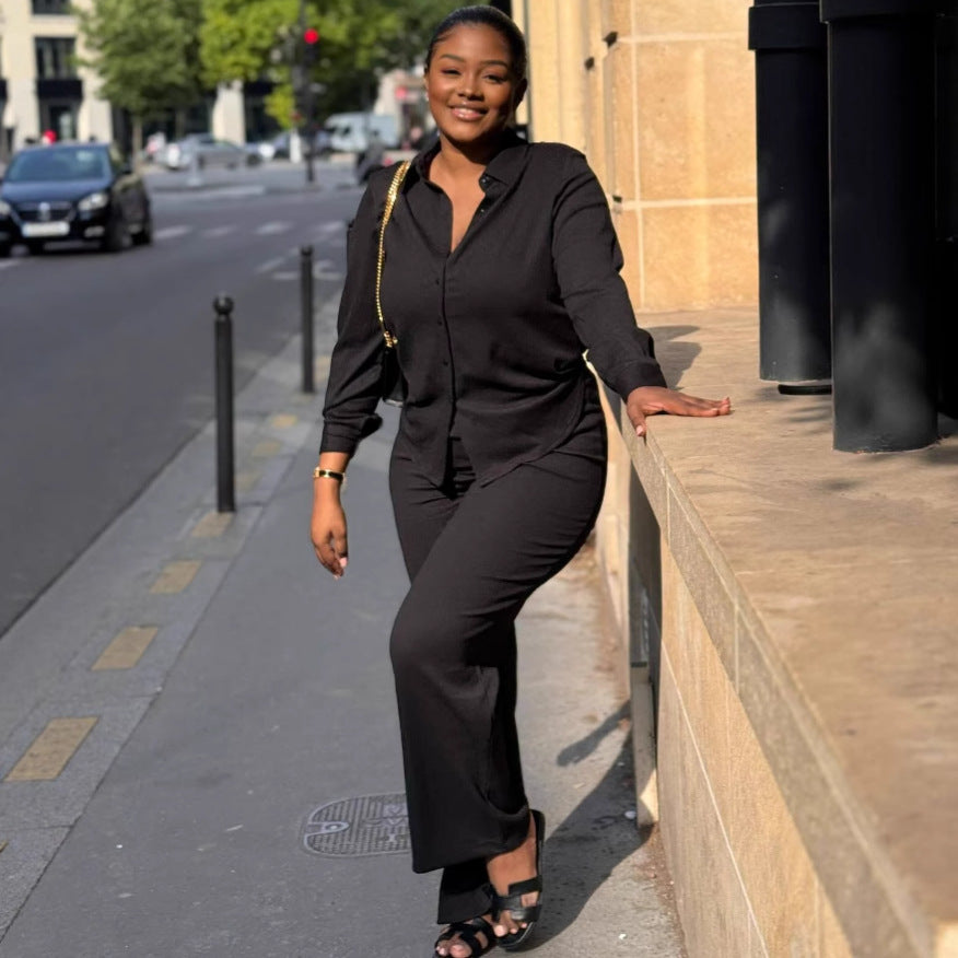 European and American large-size lapel cardigan shirt black trousers African new loose long-sleeved women's fashion two-piece set trendy