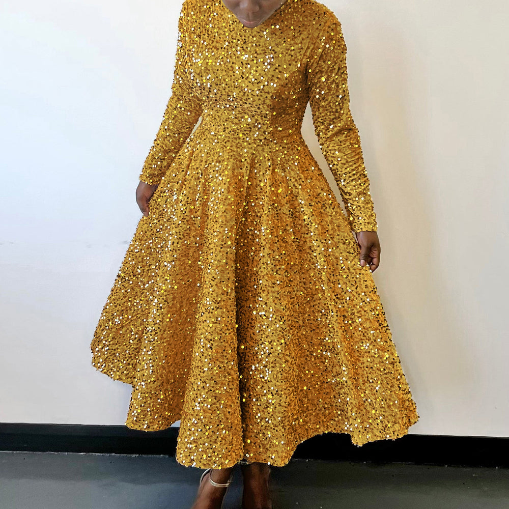 D469 cross-border new women's round neck long sleeve solid color sequin high waist elegant midi dress european and american style