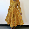D469 cross-border new women's round neck long sleeve solid color sequin high waist elegant midi dress european and american style