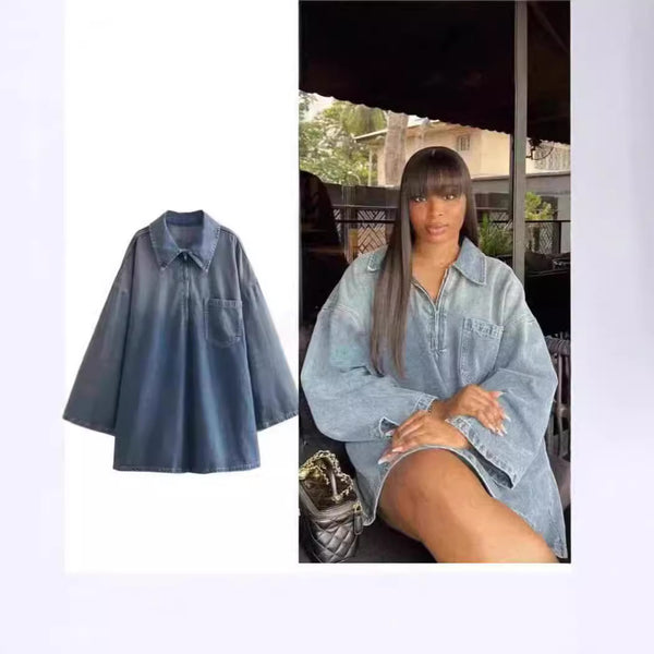 Cross-border Foreign Trade European and American Women's Clothing Summer New Simple Fashion Personality Loose Long Sleeve Denim Dress