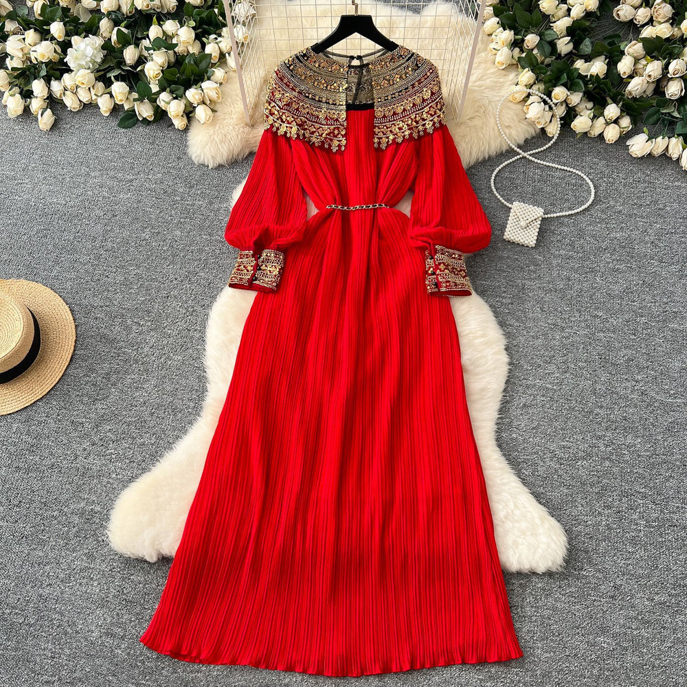 High-end women's elegant dress 2024 winter heavy beading sequin loose waist long pleated formal gown