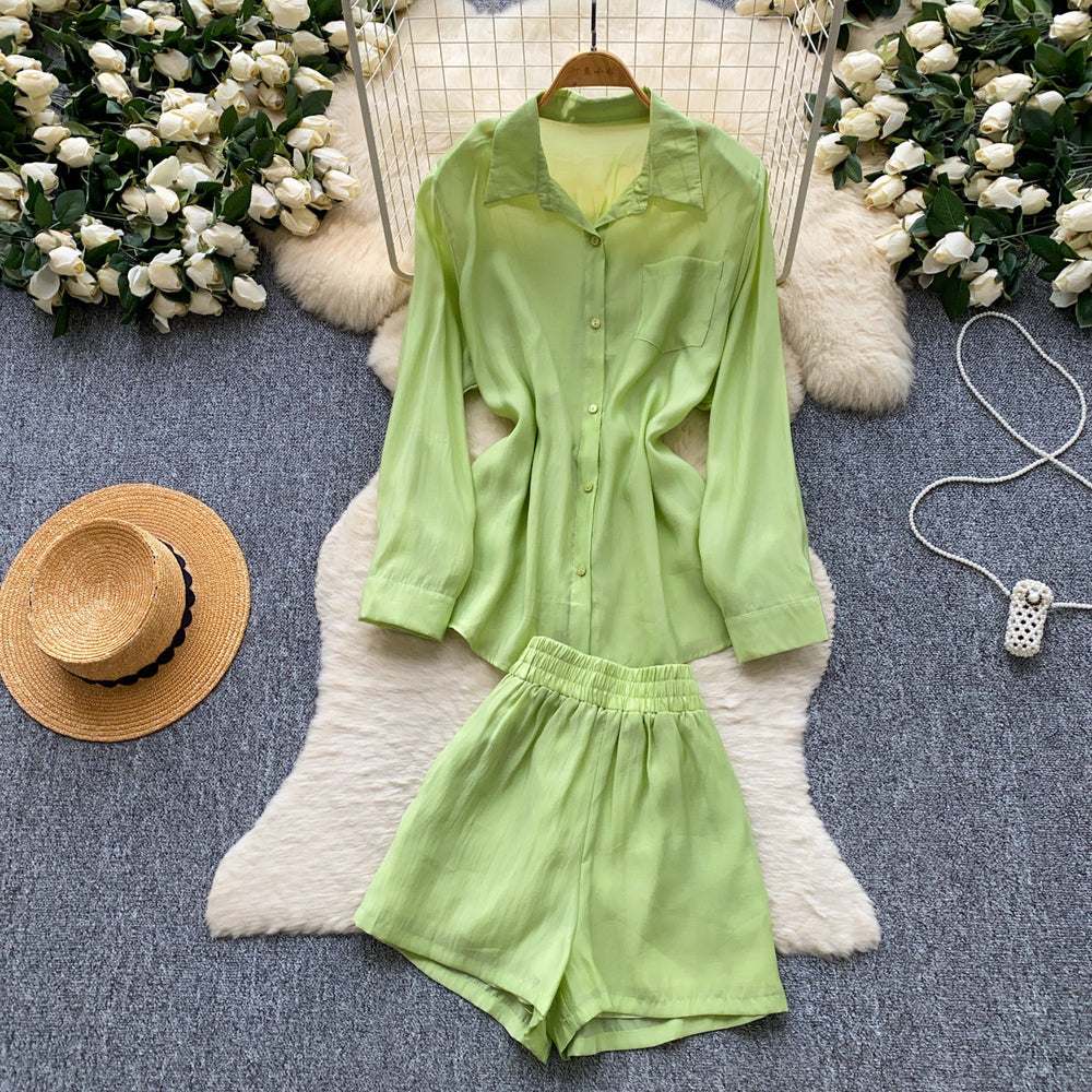 Light mature french style yellow shirt shorts two-piece set female autum be careful to expose the waist and waist slimming lookwork clothingsuit