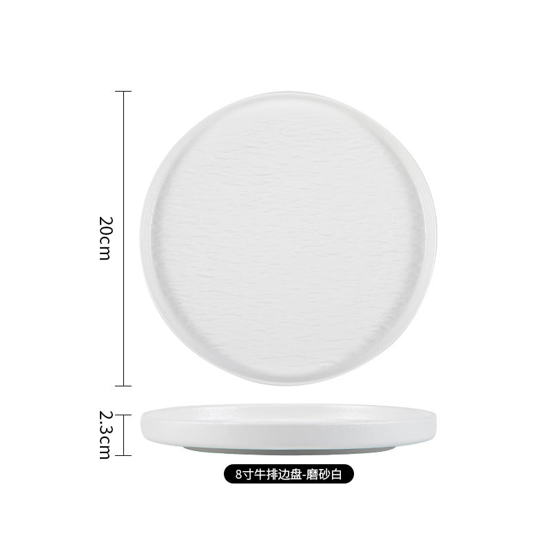 Japanese-style premium black and white ceramic dinnerware - high-end rock texture dinner plates for home use - round steak and chop dishes for restaurants