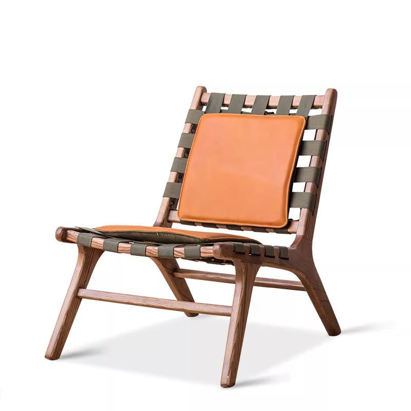 Retro solid wood casual chair genuine leather saddle leather single chair accessible luxury woven sofa chair home b&b canvas single chair