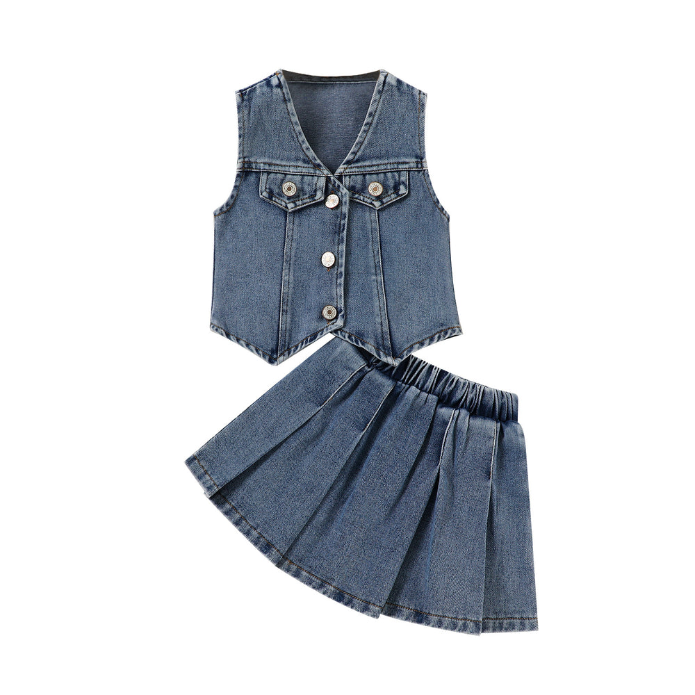 European and american cross-border children's wear: girls' summer denim vest top and pleated skirt two-piece set for toddlers and young children