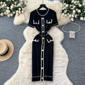 Xiaoxiangfengclassyfashionablecontrast colormetal bucklesilmslimming lookdress women's summer waistelegantsweater skirt