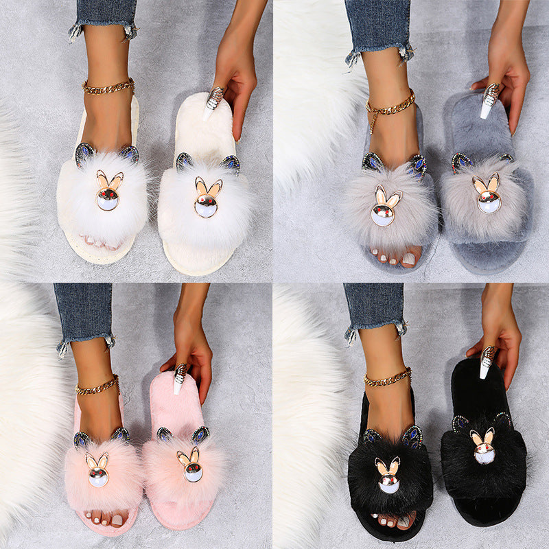 Little rabbit rhinestone furry cotton slippers for women outwear popularins trendy rhinestone korean style cartoon furry shoes thick sole slippers