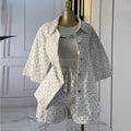 European and american cross-border women's fashion:  autumn new collection - luxury rhinestone embellished three-quarter sleeve blouse and wide-leg shorts set