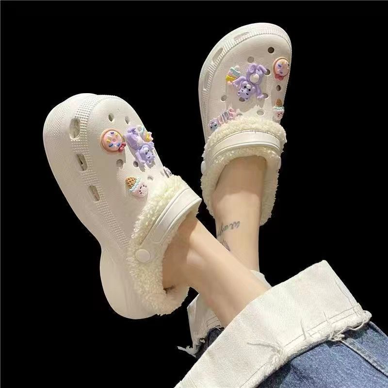 Detachable fleece-lined clogs for women, autumn/winter, girly high-heeled cute student anti-slip cotton slippers, fuzzy cotton shoes